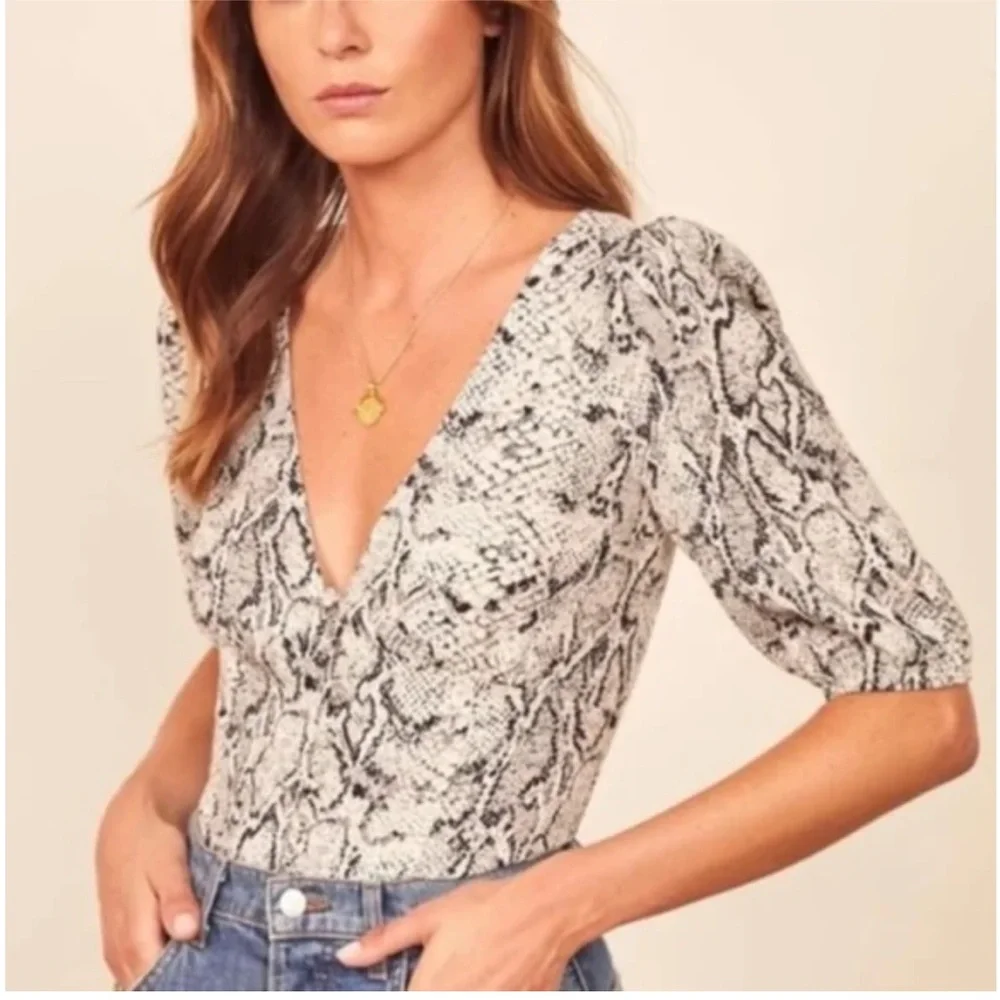 Reformation Black and White Snakeskin Deep V Buttoned Blouse